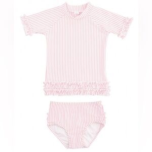Ruffle Butts Light Pink Seersucker Ruffled Rash Guard Swimsuit Set